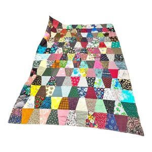 Handmade Crazy Patchwork Quilt 93”x 71" Colorful Vintage Fabric Twin Retro Boho